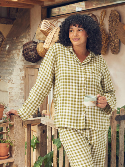 Chemise de pyjama en lin vichy vert botanique