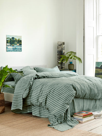 Pine Green Pembroke Stripe Linen Blend Duvet Cover - alternate image
