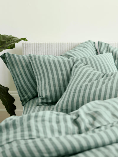 Pine Green Pembroke Stripe 100% Linen Square Pillowcases (Pair)