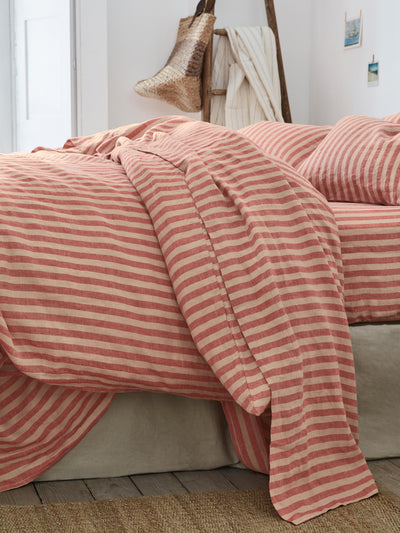 Sandstone Red Pembroke Stripe 100% Linen Flat Sheet