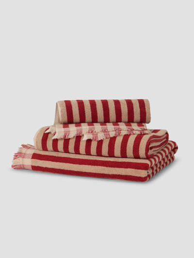 Stack of Sandstone Red Pembroke Stripe and Fringe Edge Towels