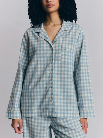 Warm Blue Gingham Linen Blend Pyjama Trouser Set - alternate image