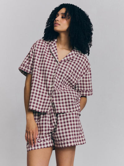 Berry Gingham Linen Blend Pyjama Short Set