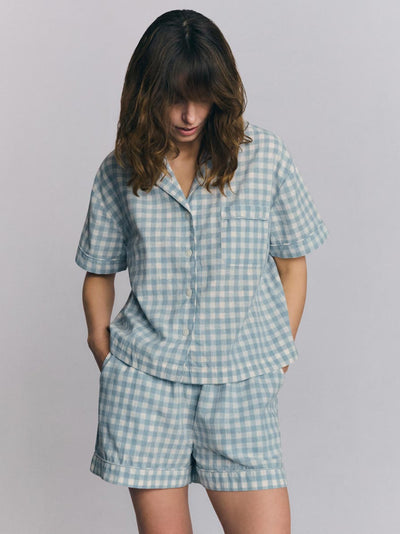Warm Blue Gingham Linen Blend Pyjama Short Set - alternate image