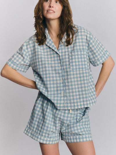 Warm Blue Gingham Linen Blend Pyjama Short Set
