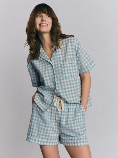 Warm Blue Gingham Linen Blend Pyjama Short Set