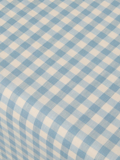 Close up of Warm Blue Gingham Linen Blend Tablecloth