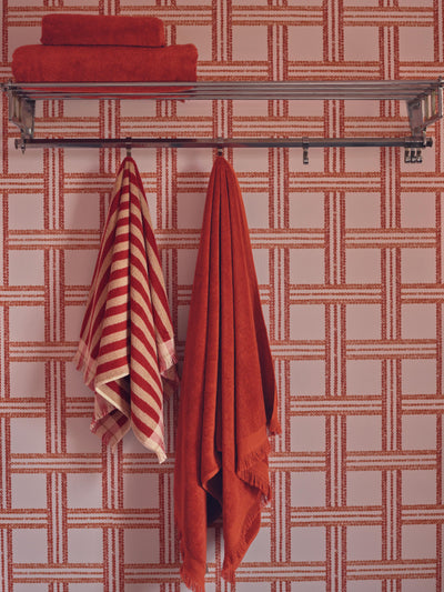 Red and white striped towel hanging on a rack against a patterned wall.