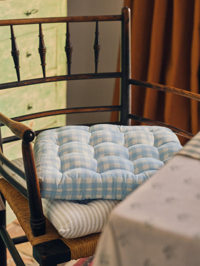 Warm Blue Gingham Linen Blend Seat Pad