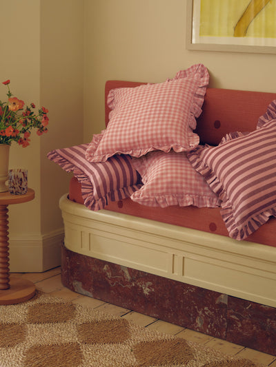 Rhubarb & Rose Pembroke Stripe & Dusty Pink Gingham Frill Linen Blend Filled Cushions