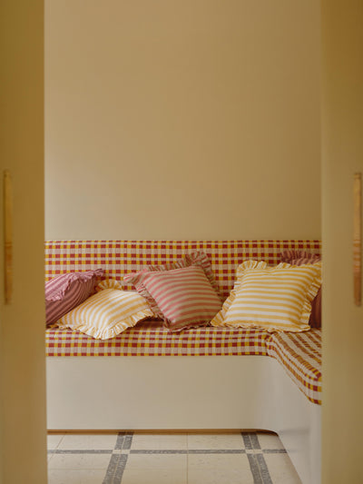 Sandstone Red & Honey Pembroke Stripe Frill Linen Blend Filled Cushions
