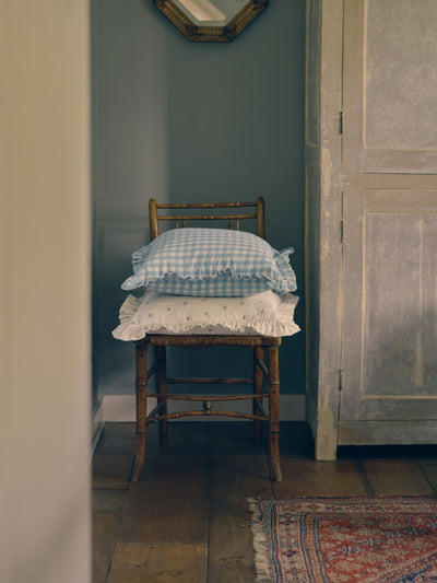 Warm Blue Gingham Frill Linen Blend Filled Cushion