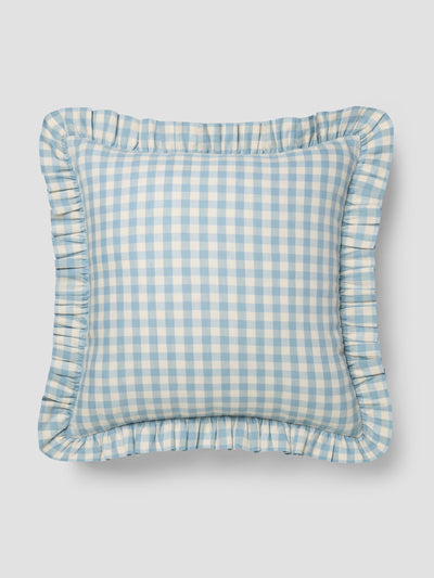 Warm Blue Gingham Frill Linen Blend Filled Cushion