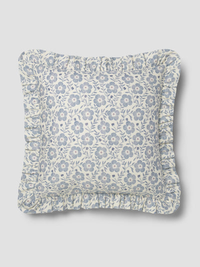 Dusk Blue Folk Floral Frill Linen Blend Filled Cushion - alternate image