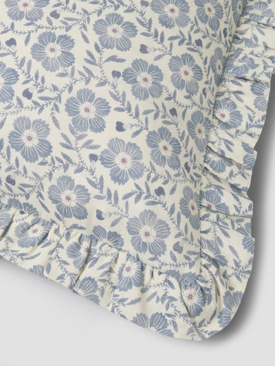 Dusk Blue Folk Floral Frill Linen Blend Filled Cushion Detail

