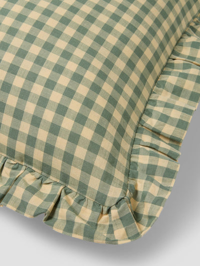 Elm Green & Butter Yellow Gingham Frill Linen Blend Filled Cushion detail