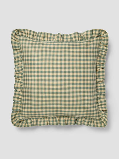 Elm Green & Butter Yellow Gingham Frill Linen Blend Filled Cushion