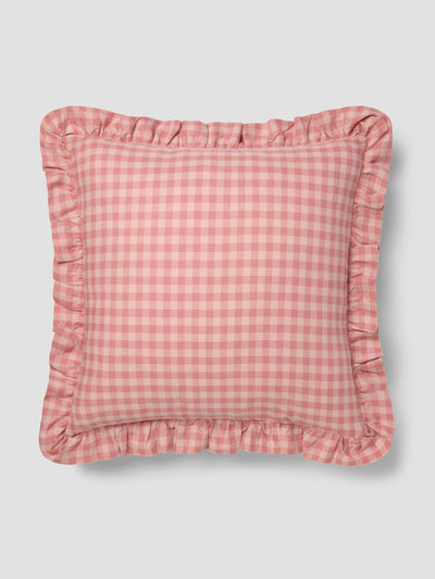 Dusty Pink & Rose Gingham Frill Linen Blend Filled Cushion - alternate image