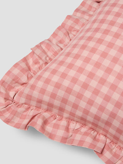 Dusty Pink & Rose Gingham Frill Linen Blend Filled Cushion detail