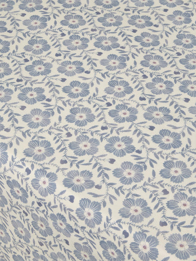 Close up of Dusk Blue Folk Floral Linen Blend Tablecloth