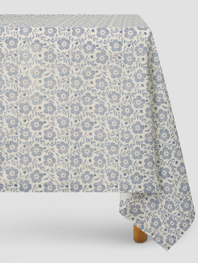 Dusk Blue Folk Floral Linen Blend Tablecloth
