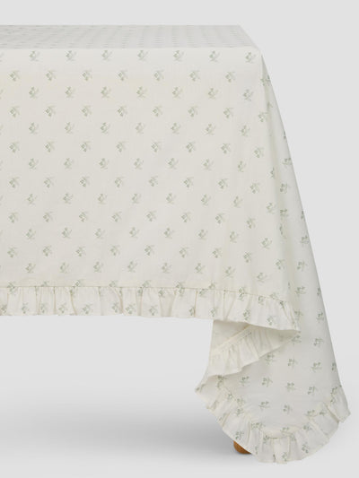 Mellow Green Martha Floral Frill Linen Blend Tablecloth