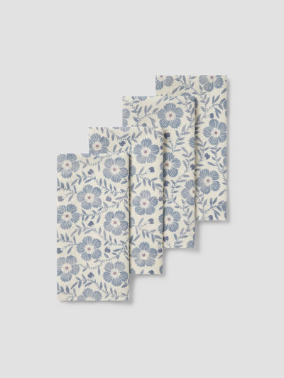 Dusk Blue Folk Floral Linen Blend Napkins Set of 4
