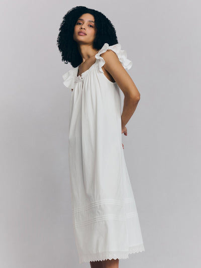 White Floral Embroidered Cotton Frill Nightie