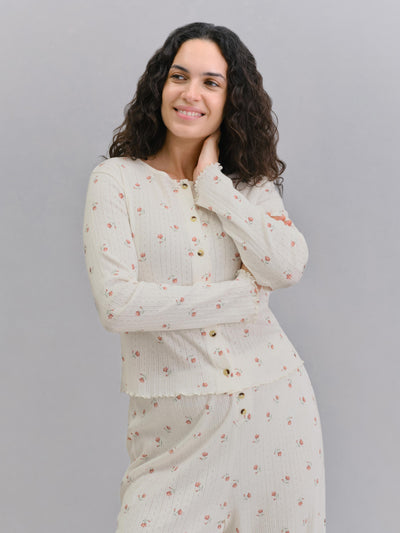 Model wearing Posy Bud Pointelle Cardigan