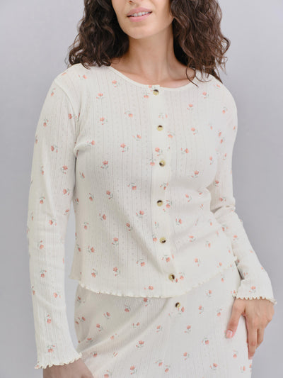 Model wearing Posy Bud Pointelle Cardigan