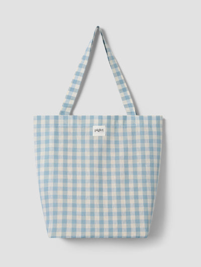 Warm Blue Gingham Linen Blend Tote Bag