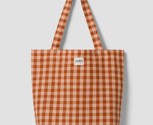 Cinnamon/Peach Colour Drenched Gingham Linen Blend Tote Bag