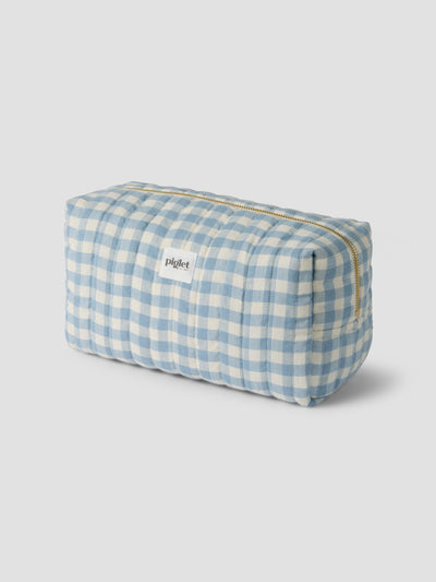 Warm Blue Gingham Linen Blend Wash Bag