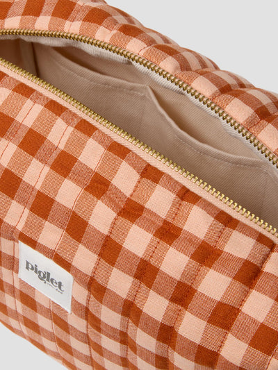 Cinnamon/Peach Colour Drenched Gingham Linen Blend Wash Bag - alternate image