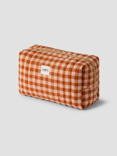 Cinnamon/Peach Colour Drenched Gingham Linen Blend Wash Bag