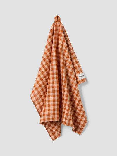 Cinnamon/Peach Colour Drenched Gingham Linen Blend Tea Towel