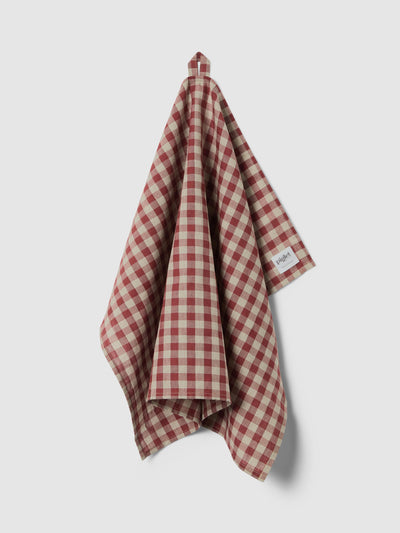 Rhubarb/Oatmeal Gingham Linen Blend Tea Towel