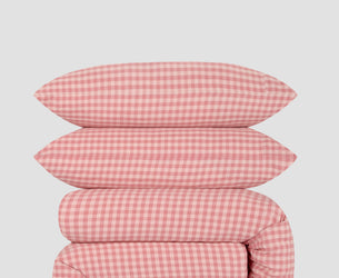 Dusty Pink & Rose Colour Drenched Gingham Linen Blend Duvet Set