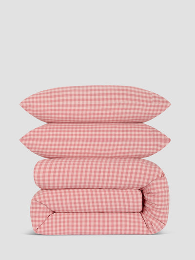 Dusty Pink & Rose Colour Drenched Gingham Linen Blend Duvet Set