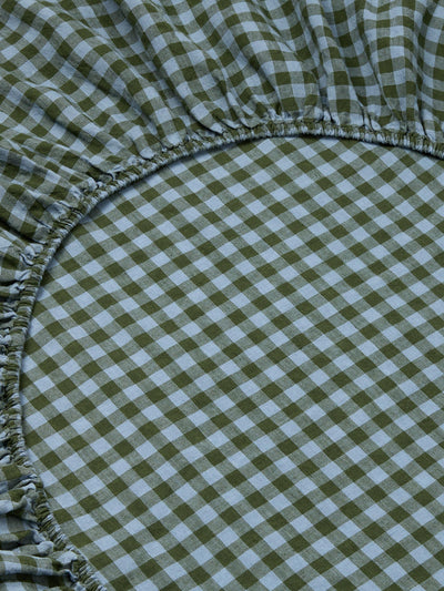 Fern Green & Dusk Blue Colour Drenched Gingham Linen Blend Fitted Sheet
