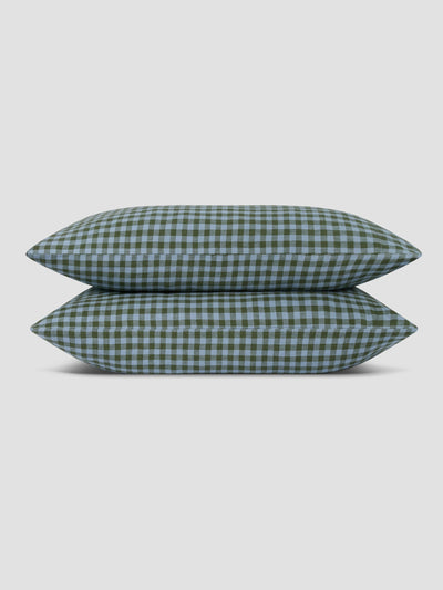 Fern Green & Dusk Blue Colour Drenched Gingham 100% Linen Pillowcases (Pair)