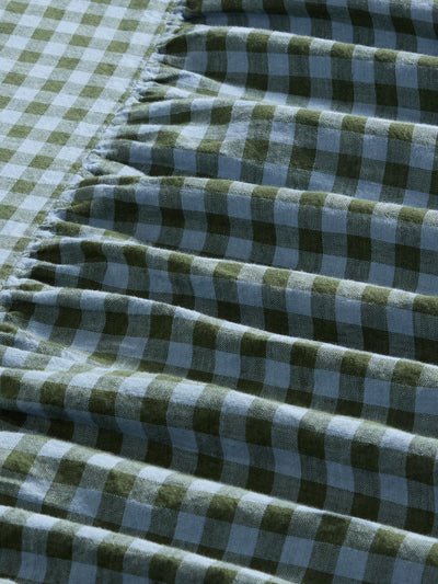 Cantonnière en mélange de lin vichy vert fougère et bleu crépuscule