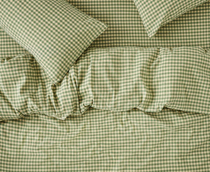 Elm Green & Butter Yellow Colour Drenched Gingham Linen Blend Duvet Cover