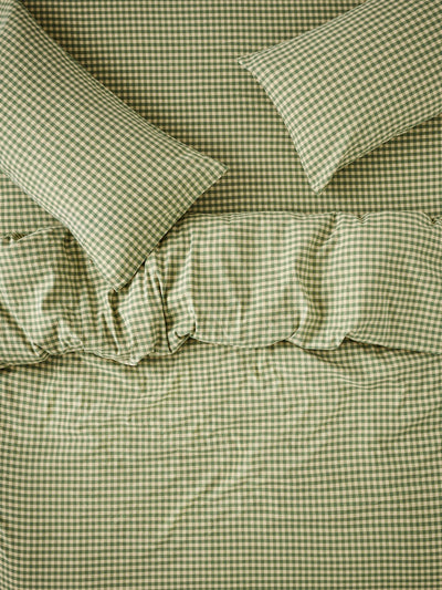 Elm Green & Butter Yellow Colour Drenched Gingham Linen Blend Duvet Cover