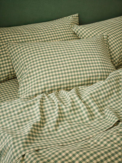 Elm Green & Butter Yellow Colour Drenched Gingham Linen Blend Pillowcases (Pair)