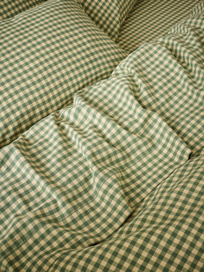 Elm Green & Butter Yellow Colour Drenched Gingham Linen Blend Flat Sheet