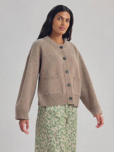 Heather Brown Crew Neck Wool Cardigan