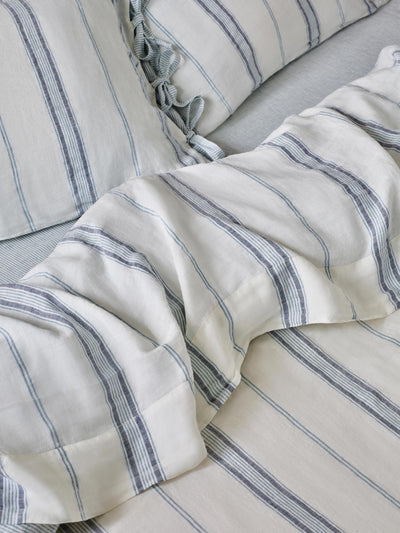 Dusk Blue Farmhouse Stripe 100% Linen Flat Sheet
