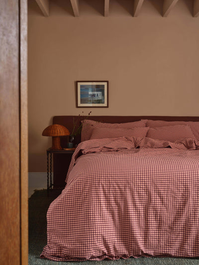 Fig & Blush Pink Gingham Washed Cotton Percale Duvet Cover