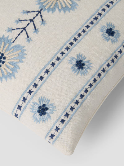 Dusk Blue Folk Floral Embroidered Filled Cushion